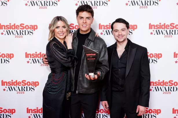 Sally Carman-Duttine, Luca Toolan and Harry Visinoni with the Best Storyline Award at the Inside Soap Awards