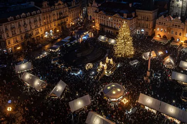 A general view of the Old Town Square at the Christmas market at Old Town Square in Prague, Czech Republic on December 9, 2023