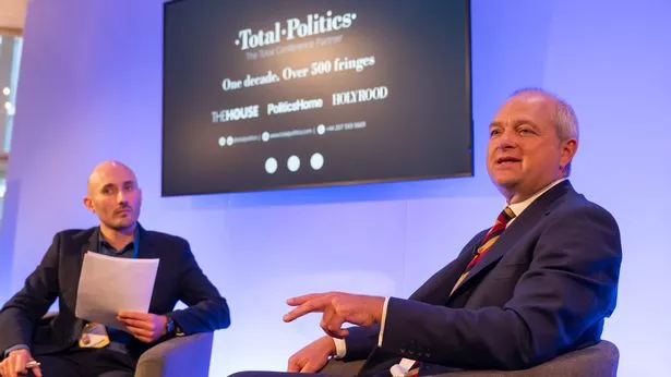 Shadow rail minister Jerome Mayhew interviewed by Manchester Evening News politics writer at an Rail Industry Association, Urban Transport Group and Total Politics event at the Conservative Party conference in Manchester. Sunday, October 5, 2025