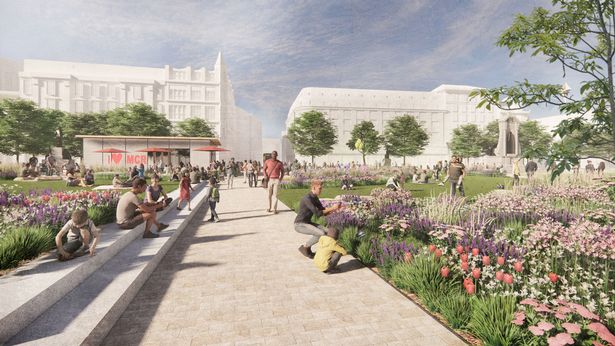Indicative CGIs showing plans for Piccadilly Garden. View taken from existing Oldham Street pedestrian link. View looks north from within gardens, towards the existing fountain plaza, with Oldham Street in the background. 