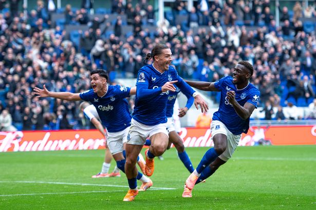 Jack Grealish celebrates after scoring for Everton