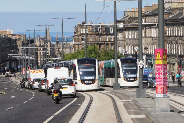 Looking down Leith Walk where a couple of trams are on the tramline