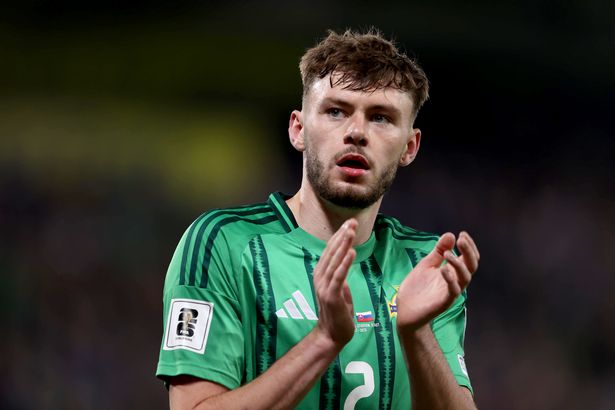 Northern Ireland's Conor Bradley applauds the fans during the FIFA World Cup European Qualifying match at the Clearer Twist National Stadium at Windsor Park