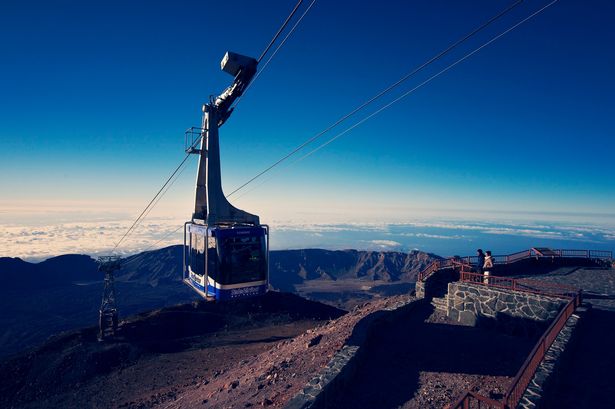 A cable car climbing to the summit of Mount Teide