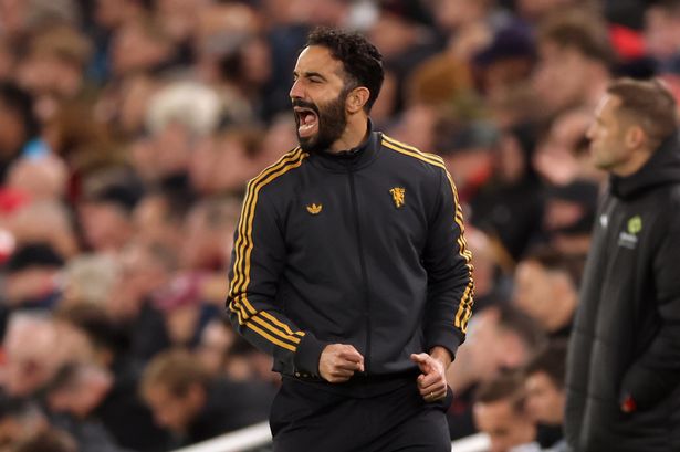 Ruben Amorim, Manager of Manchester United, reacts during the Premier League match between Liverpool and Manchester United at Anfield on October 19, 2025 in Liverpool, England