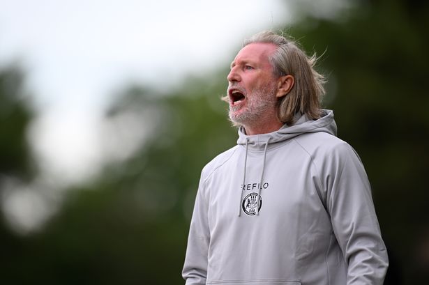 GLOUCESTER, ENGLAND - JULY 04: Robbie Savage, Manager of Forest Green Rovers looks on during the pre-season friendly match between Slimbridge AFC and Forest Green Rovers at Thornhill Park on July 04, 2025 in Gloucester, England. (Photo by Alex Burstow/Getty Images)