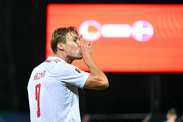 Rasmus Hojlund celebrates after scoring a goal for Denmark