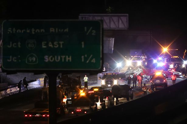 Traffic on Highway 50 after a chopper crashed on Monday, Oct. 6, 2025, in Sacramento, Calif. (AP Photo/Scott Marshall)