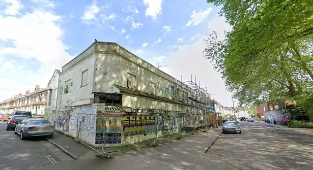 A streetview image of the Kernow building on the corner of Mina Road and Tyne Street in St Werburgh's, Bristol, taken in May 2025. The building has been empty and derelict for almost 25 years