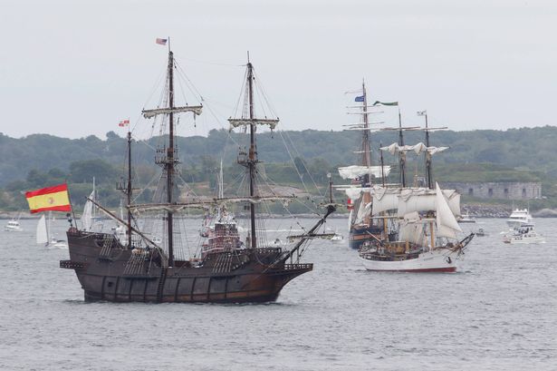 PORTLAND, ME - JULY 18: El Galeón Andalucía, left,  joined by the Picton Castle, right, sails into Portland Harbor Saturday, July 18, 2015 during the Tall Ship Parade in Portland, Maine. (Photo by Joel Page/Portland Portland Press Herald via Getty Images)