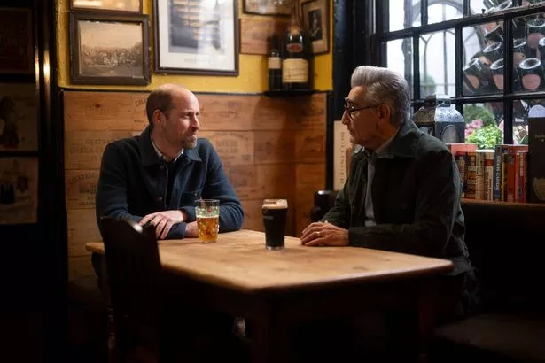 Undated handout photo issued by AppleTV+ of Eugene Levy sharing a pint with the Prince Of Wales, in a pub in Windsor. In a new episode of Apple TV+ travel series, The Reluctant Traveler, the Canadian actor, 78, is seen landing in London for his latest adventure before he receives an invitation from Prince William to visit Windsor castle. The episode, Living the Royal Life in the UK, follows the pair through a tour of the castle, before sharing a pint at a pub. Issue date: Friday September 26, 2025. PA Photo. The special episode with the Prince Of Wales airs on October 3. Photo credit should read: Ian Gavan/AppleTV+/PA Wire 

NOTE TO EDITORS: This handout photo may only be used for editorial reporting purposes for the contemporaneous illustration of events, things or the people in the image or facts mentioned in the caption. Reuse of the picture may require further permission from the copyright holder.