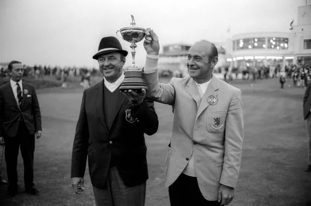 20 September 1969, Royal Birkdale - Golf - Ryder Cup 1969 - United States captain Sam Snead and Great Britain captain Eric Brown share the trophy after the tournament ends in a draw. (Photo by Gerry Cranham/Offside via Getty Images)