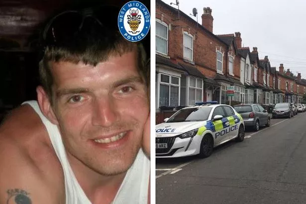Montage with alleged stabbing victim, Barry Davison (left) 48, who died from knife wounds in Uplands Road, Handsworth (pictured with a police car parked in the road (right)