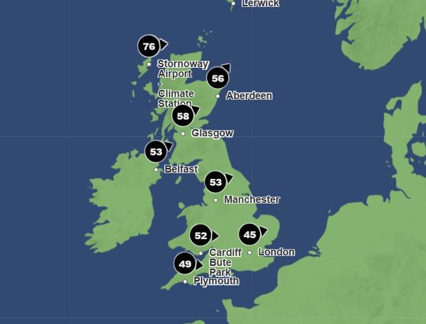 This Met Office weather map shows wind gusts of up to 53mph in Greater Manchester
