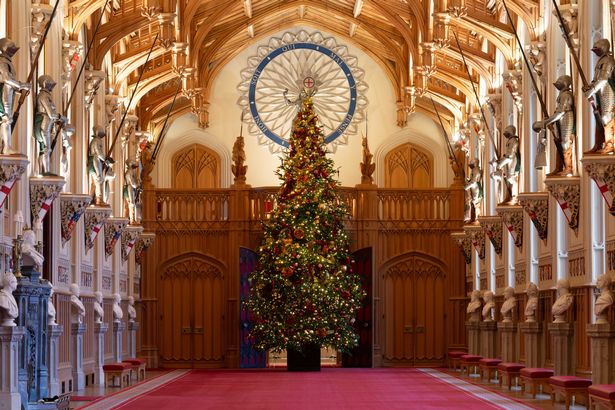 A 20-foot-high Nordmann fir tree on display inside St George's Hall at Windsor Castle