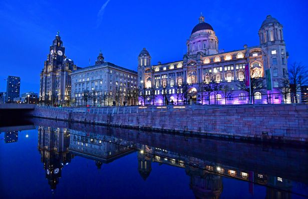 Winter evening glow at the Pier Head on the Liverpool waterfront