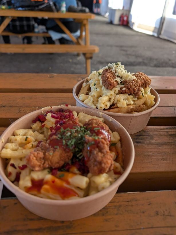 Chicken, chorizo, and hot honey mac and cheese (front) and loaded chicken fries mac and cheese (rear) at Cardiff Halloween Festival