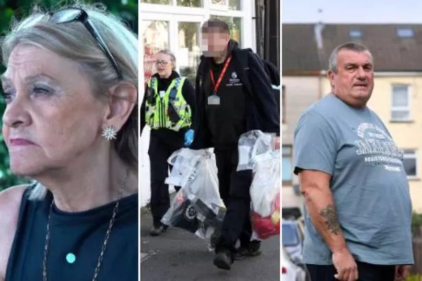 A composite of three images: the first, on the left, shows a mature woman. The central image shows enforcement officers holding seized items. On the right a mature man stands wearing a T-shirt