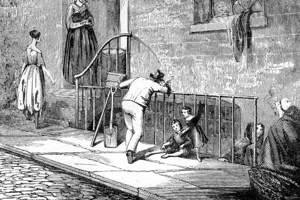 An 1838 print showing people in and outside a terraced house in Manchester 