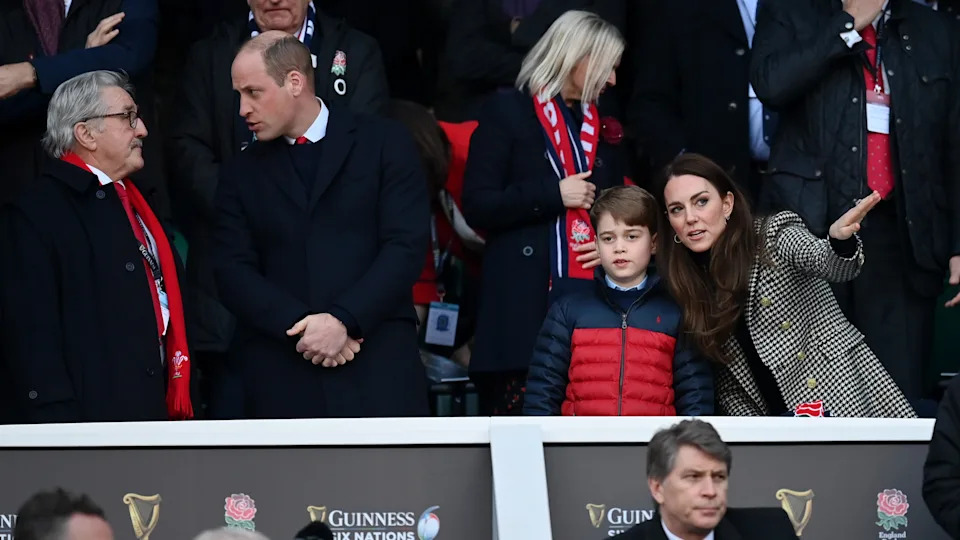 Catherine, Princess of Wales speaks to Prince George prior to the Guinness Six Nations Rugby match between England and Wales in 2022