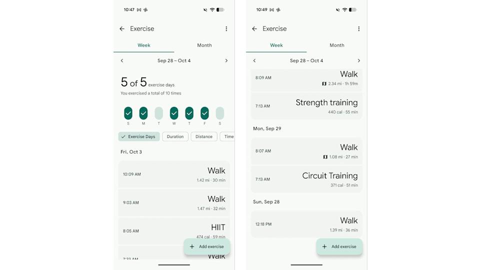 Two screenshots showing the Fitbit app's exercise section for the period of September 28 to October 4. The first one is the top part of this page, saying the user had met five out of their five target exercise days. The rest of this and the second screenshot show logged activities, including walks, HIIT, strength and circuit training.