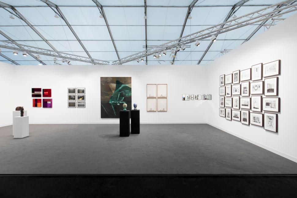 Installation view of Vadehra Art Gallery at Frieze London 2025, featuring a diverse presentation of paintings, drawings, and small sculptures.