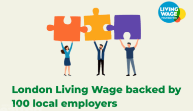 Illustration of 3 people holding up puzzle pieces and Living Wage Foundation logo