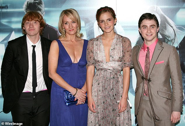 Actors Rupert Grint (left), Watson (second right) and Daniel Radcliffe (right) with Rowling (second left) as they attend the 'Harry Potter and the Half-Blood Prince' film premiere in 2009