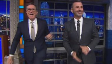 Jimmy Kimmel (right) moaned about his talk show's brief suspension while appearing on his friend Stephen Colbert's (left) show Tuesday night
