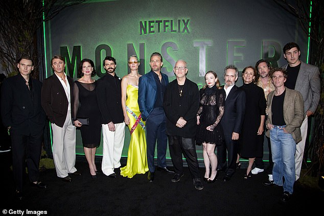 The whole cast posed for a snap (Hudson Oz, Tyler Jacob Moore, Robin Weigert, Joey Pollari, Vicky Krieps, Charlie Hunnam, Ryan Murphy, Suzanna Son, Tom Hollander, Laurie Metcalf, Ian Brennan and Charlie Hall, Max Winkler L-R)
