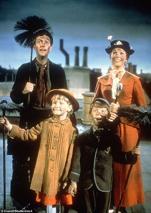 Dick Van Dyke and Julie Andrews alongside child stars Karen Dotrice and Matthew Garber in 1964 film Mary Poppins