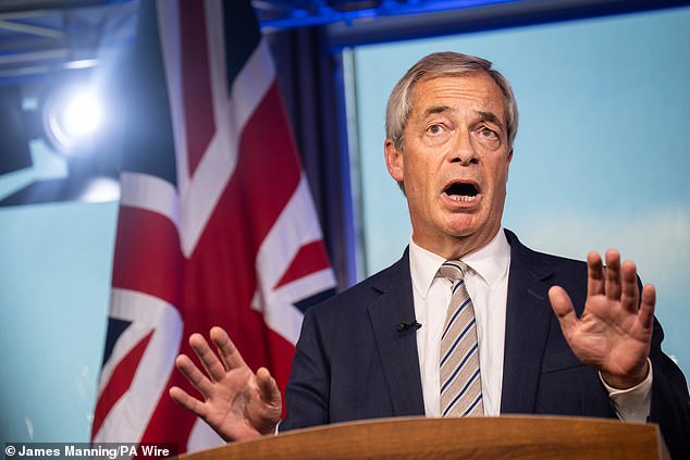 Reform UK leader Nigel Farage reacts to Mr Starmer's speech in Westminster yesterday