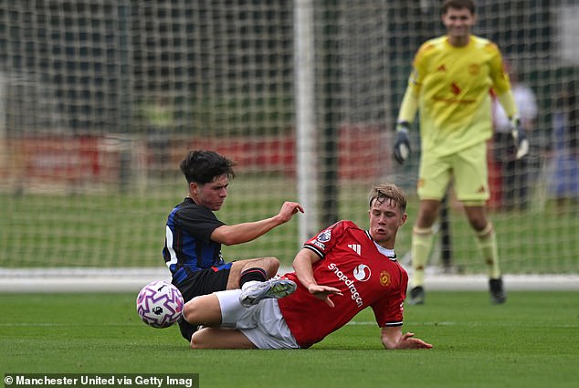 Thwaites flies into a tackle earlier this season against Middlesbrough Under 18s