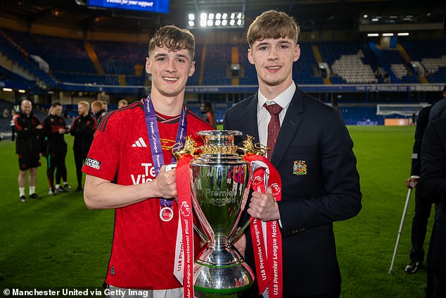 Jack (left) and Tyler Fletcher celebrate winning the Under 18 Premier League in 2024