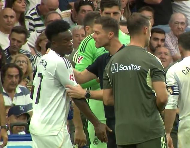 Vinicius Jr appeared frustrated after being informed he was about to be taken off by Alonso