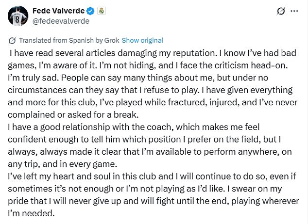 Valverde issued a post on social media rejecting suggestions he had refused to play and played down claims of a rift with Alonso, adding he is willing to perform in any position