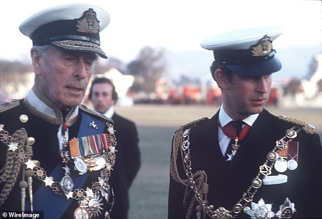 The Prince of Wales and Lord Mountbatten his 'honourary grandfather', wearing full naval uniform, visited Nepal in 1975 to attend the coronation of King Birendra
