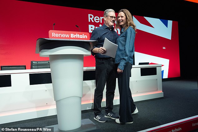 Sir Keir Starmer, with his wife Lady Victoria Starmer, rehearsing his Labour Party conference keynote speech in a pair of blue Adidas trainers