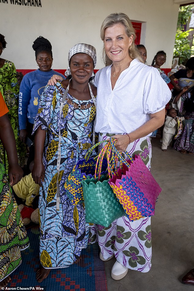 Sophie is gifted bags made by the women at a women's safe space in Beni, Democratic Republic of Congo, where she engaged with women affected by conflict and displacement in eastern DRC on Tuesday