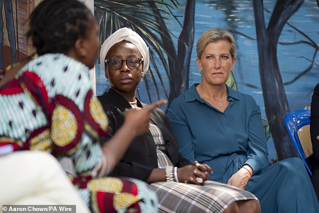 The Duchess of Edinburgh talks with people at the Makala Prison Safe House in Kinshasa, Democratic Republic of Congo on Wednesday
