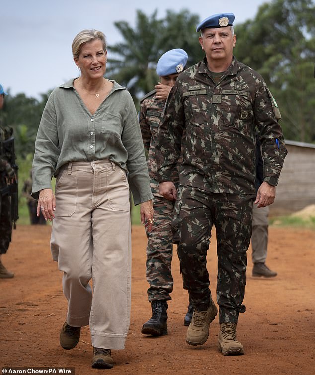 The Duchess of Edinburgh talks with MONUSCO forces during a peace keeping engagement at the Jungle Ground on Monday