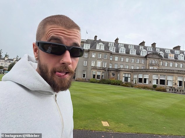 Justin, who also posed to show off his heavy beard took pics of himself outside the hotel as well as photographing the stylish interior of his luxury accommodation