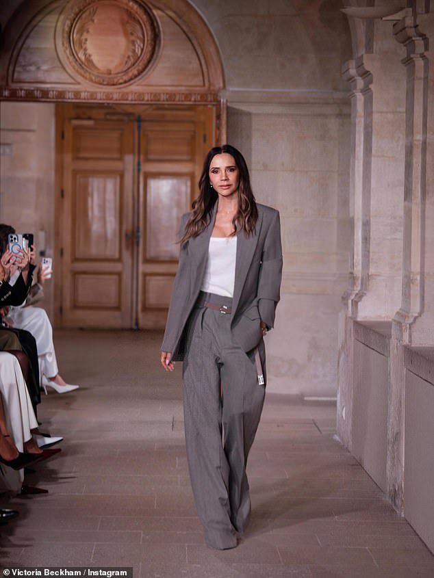Victoria wore an oversized grey baggy suit for the evening, with a white lowcut top underneath
