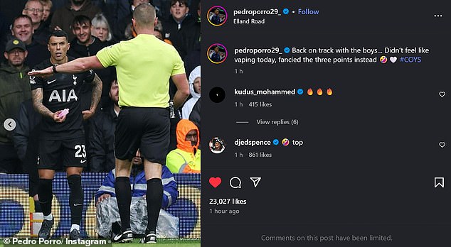 Taking to Instagram post-match, Porro funnily wrote: ''Didn't feel like vaping today, fancied getting three points instead (laughing emojis)'