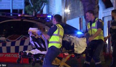 Paramedics are pictured attending to an individual in a stretcher at the scene
