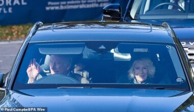A royal wave: The King and Queen appeared in great spirits as they were spotted arriving for Sunday church service today