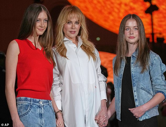Nicole Kidman was supported by her children on Monday evening as she made her second notable public appearance since confirming the end of her marriage (L-R: Sunday Rose Urban, Nicole Kidman and Faith Margaret Urban)