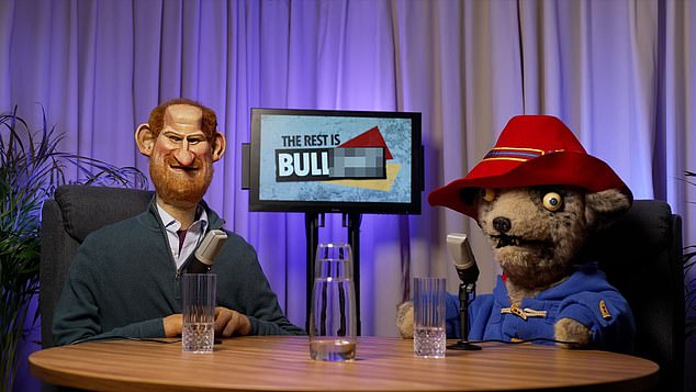 The satirical puppet show portrays the bear as a cocaine-sniffing podcast co-host with Prince Harry