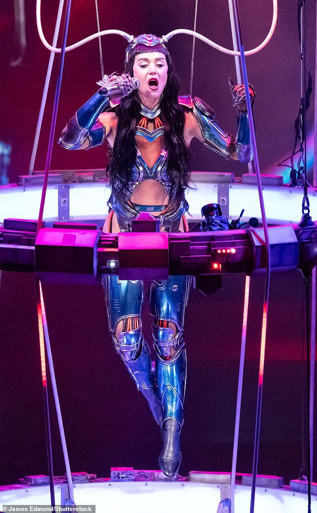She was dressed in a robot metal costume featuring huge antlers coming out of her head