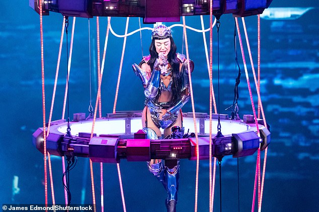 Katy was seen suspended into the air on a platform during her show in Glasgow, wearing a two-piece costume